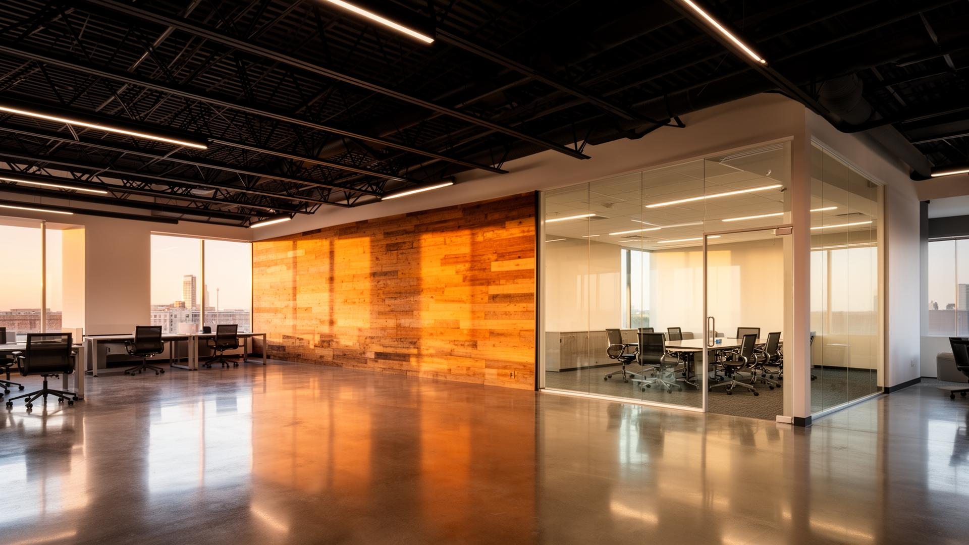 Finished commercial office buildout in Fort Worth with polished concrete floors, glass conference room, and reclaimed wood accent wall